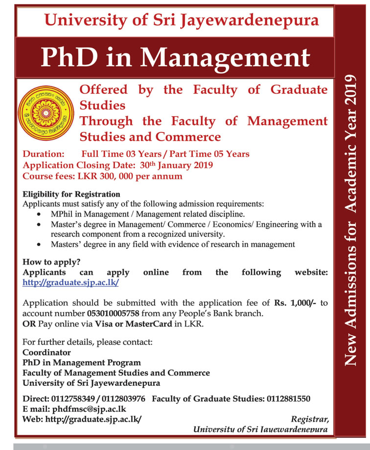 PhD in Management - University of Sri Jayewardenepura